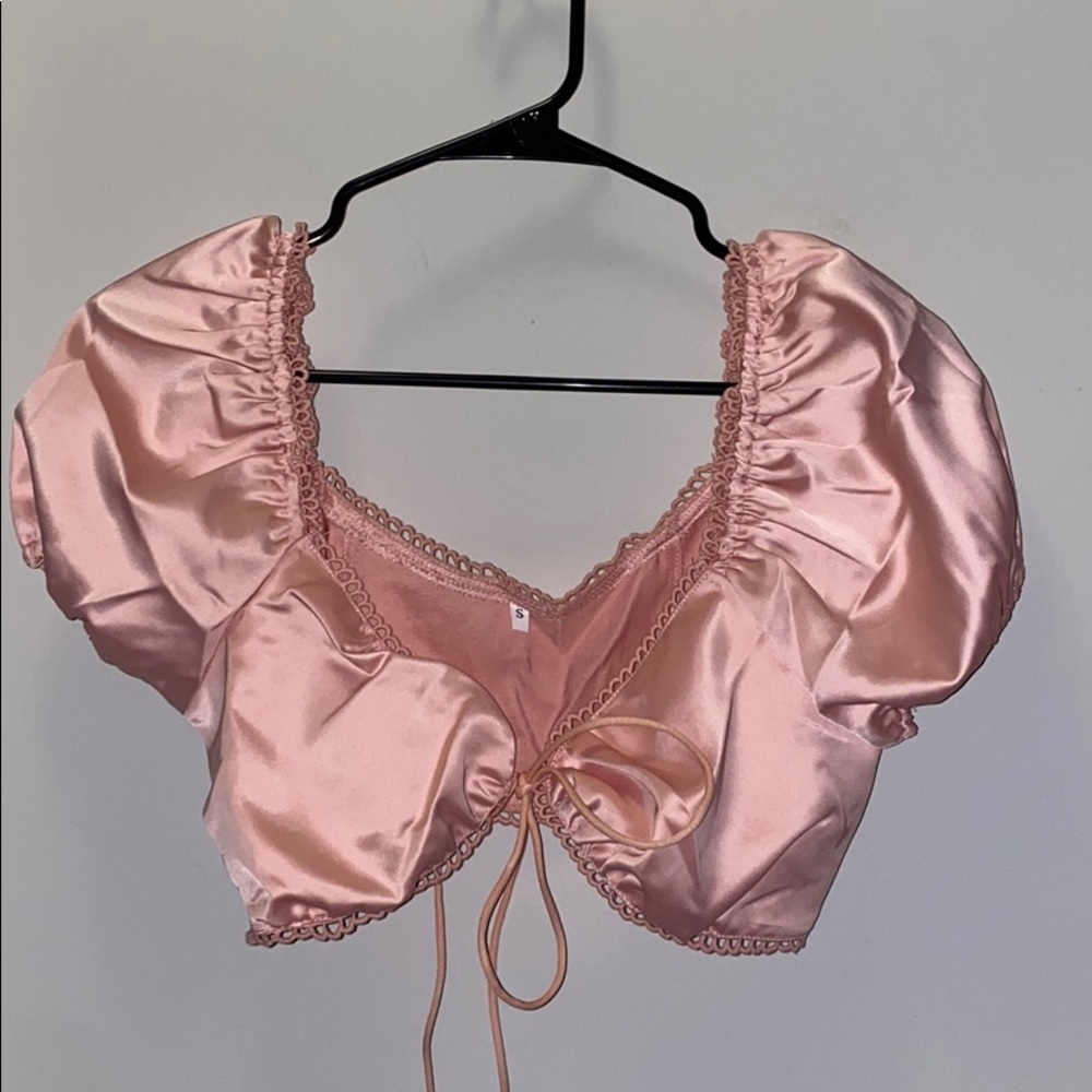 Pink satin like tie Shein top